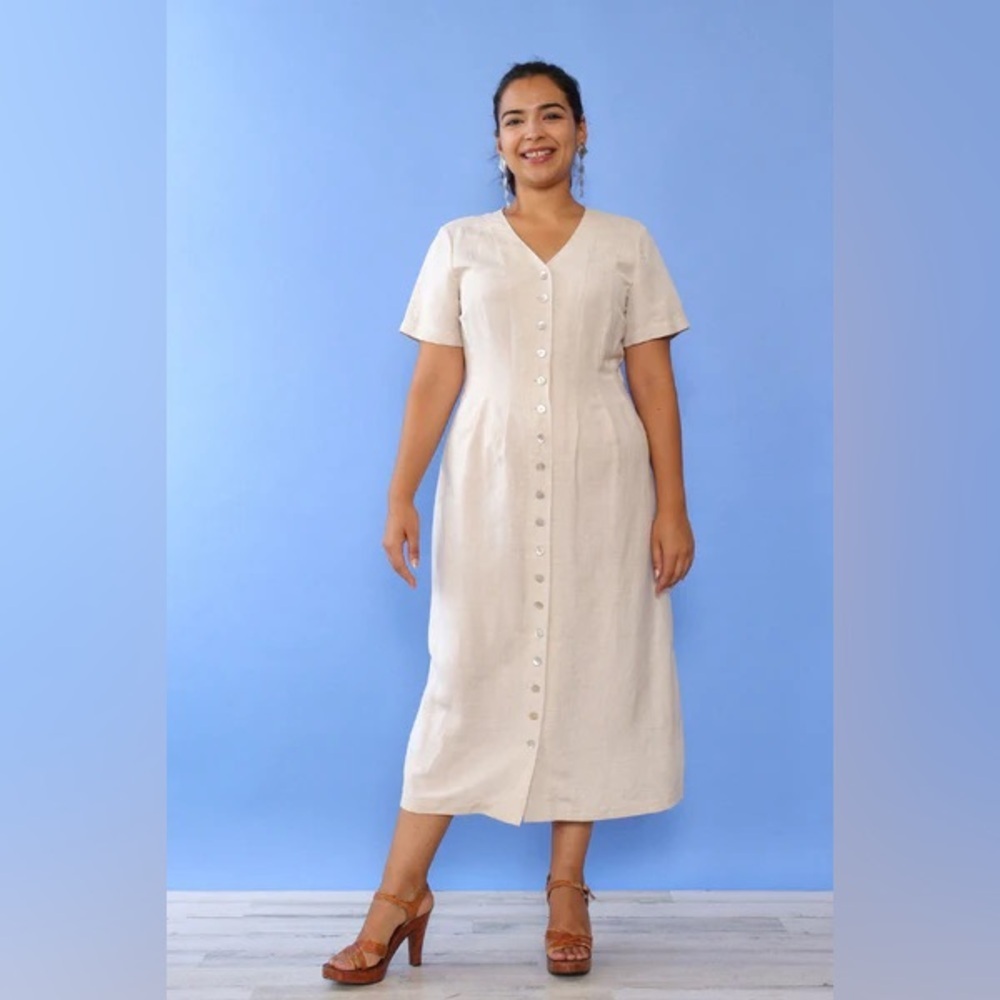 Orvis Linen Blend Button Front Midi Dress Tan Neutral Size 8 Shell Buttons